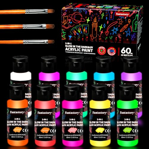 fantastory 60ml 10 Colors Glow in the Dark Acrylic Paint Set with 3 Brushes | Fluorescent Series, Neon Colors, Waterproof, Blacklight Paint, for Outdoor Rock, Wood, Craft, Canvas, Pumpkin, Halloween