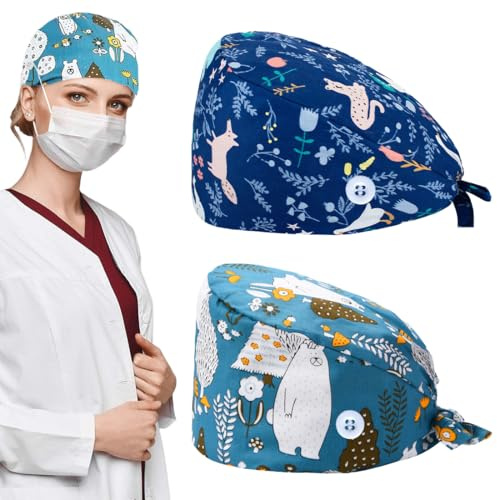 2 Stück OP Haube damen Verstellbar mit Knopf Arbeitskappe Baumwolldruck Kranken schwesternkappe Unisex Staubhauben Kappe（Tierstil）