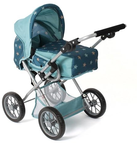 Bayer Chic 2000® 3in1 Kombi Puppenwagen Leni - Sternchen türkis - faltbar, höhenverstellbarer Griff 43-67 cm, Tragetasche – Puppen bis 46 cm, ab 3 J.