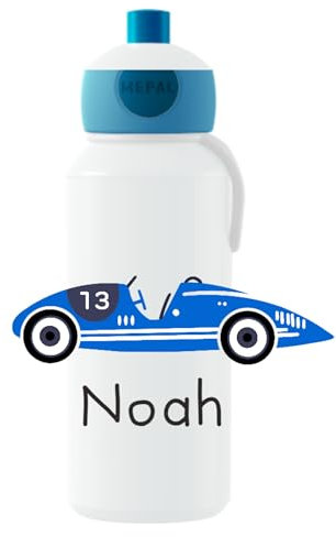 Mepal Personalisierte Trinkflasche mit Namen - Wasserflasche für Kinder Pop-up Campus - Rennwagen - Auslaufsichere Flasche für Schule - BPA-frei & Spülmaschinenfest - 400 ml - Blauer Rennwagen