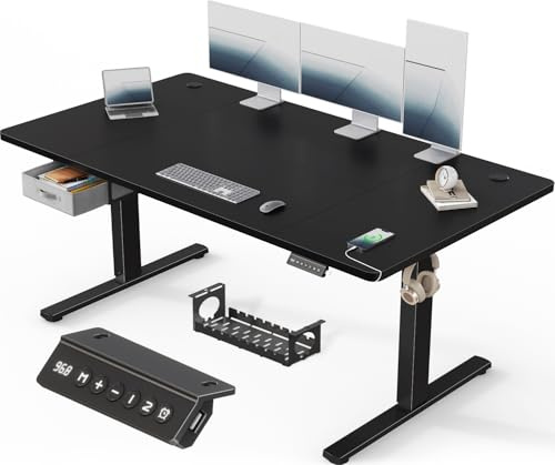 Devoko 160x80cm Electric Standing Desk with Drawer&Hooks Height Adjustable Standing Desk with Memory Smart Panel Upgraded Stable Steel Frame with Wider Desktop for Home Office,Black