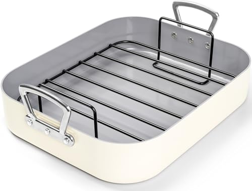 MICHELANGELO Roasting Pan with Rack, Carbon Steel Turkey Roasting Pan for Oven, Nonstick Turkey Roaster Pan with Rack, 15 Inch x 13 Inch (38cm x 33cm x 7.6cm) - Beige