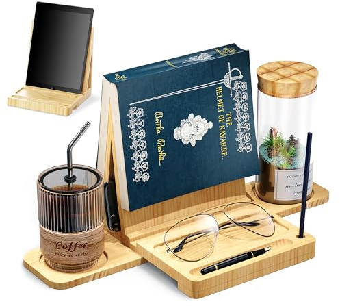 Simaixing Dreieckiger Buchhalter, Holz, Bucheckendiener, Bücherablage mit Tasse, Brille und Stifthalter, Buchständer zum Lesen im Bett, Kaffee- und Buchliebhaber