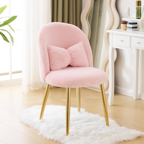 Bonnlo Fauteuil de Salon, Chaise Ergonomique avec Coussin Nœud, Dossier Incurvé sans Accoudoirs, pour Salon, Chambre, Bureau, Peluche Fourrure de Lapin, Rose, 55 x 48 x 78.5 cm