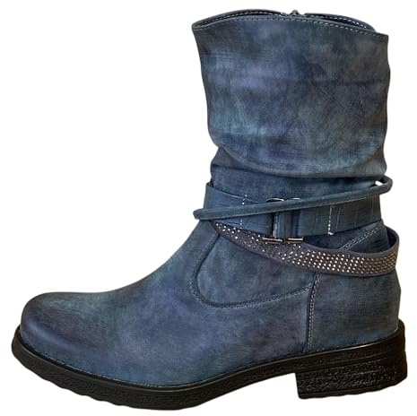 Pogolino Damen Stiefeletten Nieten Biker Boots Glitzer Stiefel leicht gefüttert 1573 Blau 37