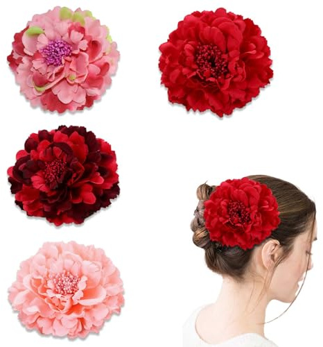 4 Piezas Pinzas de Pelo Flor peonía, diámetro 11 cm, Colores Burdeos, Rojo, Coral y Rosa, Accesorios para Boda, Fiesta, Flamenco y Uso Diario