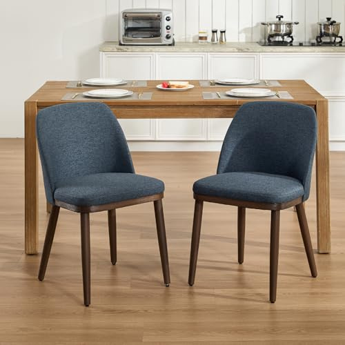 DAYALANE Esszimmerstühle 2er Set, Küchenstuhl mit Holzbeinen, Blau | Polsterstuhl aus Leinen, Esstischstühle ohne Armlehne, Seitenstühle Holz, Akzentstühle für Wohnzimmer Küche