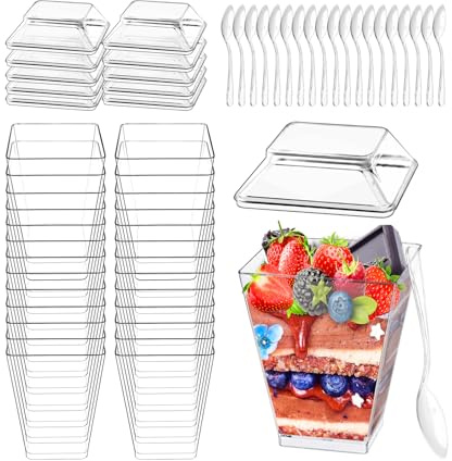 Froasia Lot de 40 tasses à dessert, avec cuillères et couvercles, 160 ml, en plastique, transparents, réutilisables, carrés, pour la maison, desserts, pudding, mousse, glace, fête