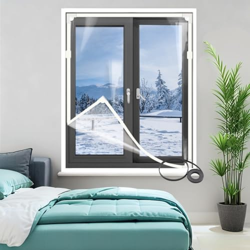 Magnetisch Isolierfolie Fenster 50cm-300cm Thermovorhang Kälteschutz Sichtschutzfolie Transparente Isolierfolie Zur Wärmedämmung An Fenstern, Fensterabdichtung(Weiß,60x90cm)