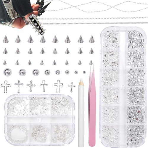 TESGADGETS Cross-Shaped Nail Charms, Punk Nail Charms, Nail Art Spike Metal Studs, Flat Pearls, Gemstones, Beads for Nail DIY Craft Supplies, Silver