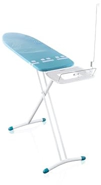 Leifheit Bügelbrett AirBoard Express M Solid, Bügeltisch, Fläche 120 x 38cm | Ultraleichtes Bügelbrett für Dampfstationen, perforierter Baumwollbezug, höhenverstellbar bis 100 cm, Kabelhalter, weiß/blau
