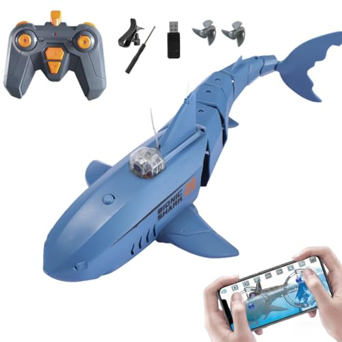 Meiurlex 2,4GHz Ferngesteuerter RC-Hai mit APP-Kamera – Wasserdichtes Hai-Boot mit Doppelmotor, 360° Drehung und Wiederaufladbarem Akku, Sommer-Wasserspielzeug für Pool und See (Blau)