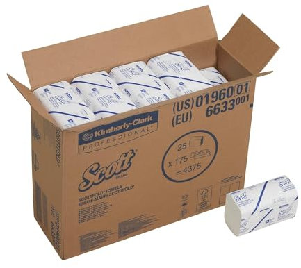 Scott Multifold Handtücher 6633 – Weiße Narrowfold Handtuchpapier, Nachhaltige Papierhandtücher, mit FSC-zertifiziertes Papier, 25 Packungen mit je 175 weißen, 1-lagigen Tüchern