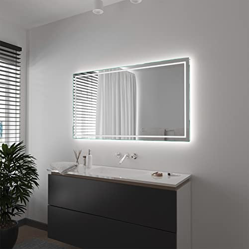 SARAR Badspiegel Spiegel Badezimmerspiegel mit schmaler rundum LED-Beleuchtung 90x120 cm Made in Germany Eckiger Wandspiegel Mirror Spiegel Bad mit Licht nach Maß Designo MA4114