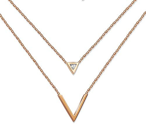 Uloveido 2 Pieces Rose Gold Plated Stainless Steel V Shape Elegant Statement Necklace Pendant for Women and Girls Anniversary Valentine's Day Gift SN282