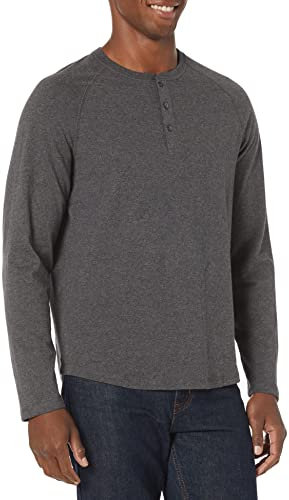Amazon Essentials Herren Henley-Shirt mit langen Ärmeln und normaler Passform (erhältlich in Übergrößen), Dunkelgrau Meliert, L