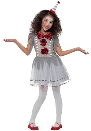 Smiffys Vintage Clown Girl Costume, Grey & Red with Dress & Headband, Halloween Child Fancy Dress, Clown Dress Up Costumes