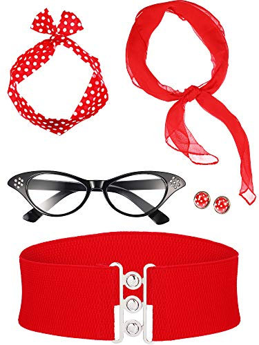 Zhanmai 50 Jahre Kostüm Zubehör Set Enthält Schal Stirnband Ohrringe Katzen Auge Brille Bund für Damen Mädchen Party Lieferungen (Rot)