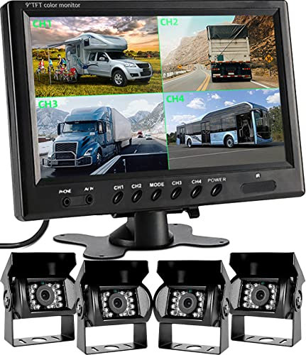 Podofo Car Revering 4 Cameras Kit with 9 4-Slplit Display Monitor LCD Screen,4 Pin Aviation Cable, Front & Rear View Cameras, Waterproof IR Night Vision, for 12V-24V Van/Bus/Camping Cars