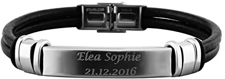 Hanessa Personalisiertes Armband mit Gravur für Männer und Frauen Edelstahl Leder schwarz Länge 21 cm | Personalisierte Armbänder mit Namen Herren Damen