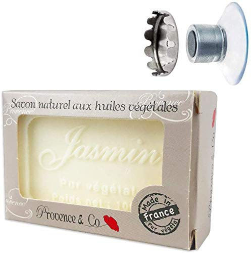 SudoreWell® Porte-Savon avec Aimant Plus Savon de Marseille fabriqué en France- Savon Naturel au Jasmin 100g