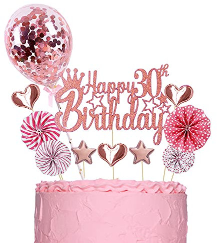 ENYACOS Cake Topper Happy Birthday 30, Glitzer Tortendeko Geburtstag, Rosegold Kuchendeko für Mädchen mit Herzen (30 Rosa)