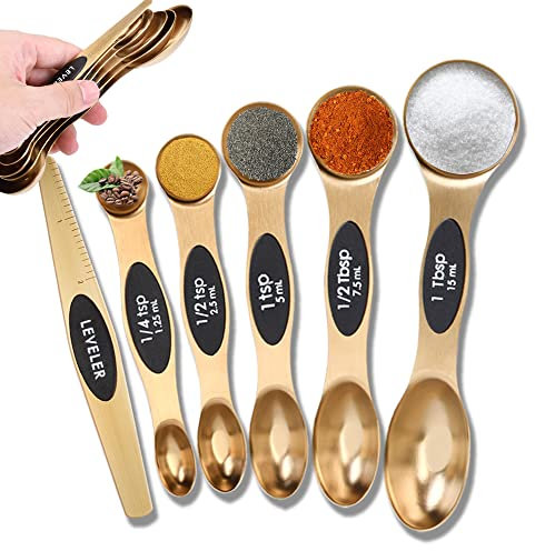 Magnetic Measuring Spoons Set of 6,Kitchen Gadgets Stainless Metal Gold Measuring Spoons for Measuring Dry Spice and Liquid Ingredients,Fits in Spice Jar, Cooking Baking
