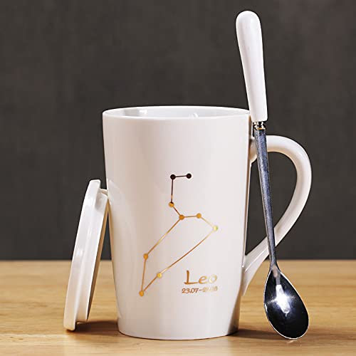 Smooth Espresso Coffee Mug Gifts,Ceramic Tea Cup with Lid and Stainless Steel Spoon Set for Men and Women Home Office -Leo 450ml White