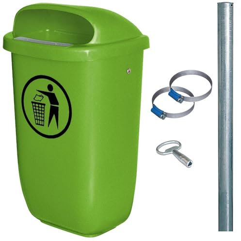 BRB Abfall-Behälter für den Außenbereich, Inhalt 50 Liter, nach DIN 30713, im Komplettset mit verzinktem Rohrpfosten