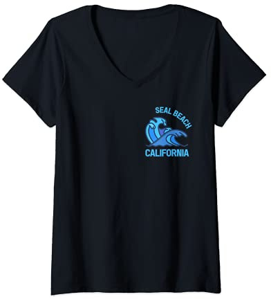 Womens Graphic Seal Beach California Pocket Wave Souvenir V-Neck T-Shirt