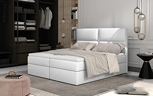 A-dekor home Boxspringbett Amelia Hotelbett, kontinentales Bett,140/160/180x200cm,Grau/Schwarz/Weiß/Grün/Blau,Bettkasten,Bonell Matratze, Topper (Soft 17 – Weiß Kunstleder, 180 x 200 cm)