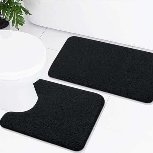 Homaxy Badezimmerteppich Set 2 teilig WC Vorleger mit Ausschnitt Set Badematte rutschfest Waschbar Hochflor Badteppich Mikrofaser Badvorleger Set – 50 x 60 cm + 51 x 76 cm, Schwarz