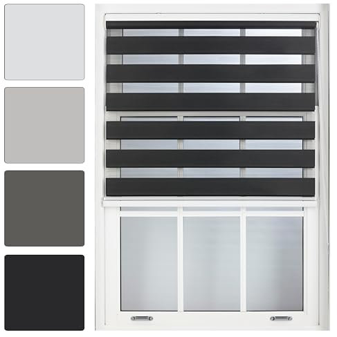 FURNISHED Day and Night Roller Blinds - Zebra Blind Dim or Translucent Vision Roller Shades for Windows and Doors - Dual Layer Fabric, Black, 60W x 210H cm