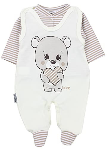 TupTam Baby Mädchen Jungen Strampler mit Langarmshirt Aufdruck Spruch 2 teilig, Farbe: Love Teddy/Streifen Beige Ecru, Größe: 62