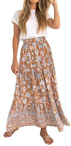 ZESICA Women's Bohemian Floral Elastic Waist A Line Skirt Clay L