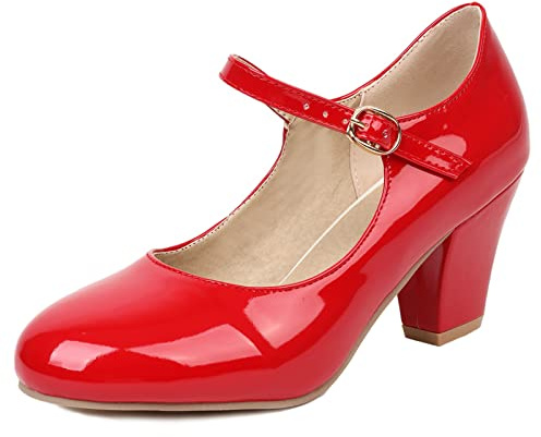 Lizoleor Blockabsatz Mary Jane Party Damen Knöchelriemchen Brautschuhe Höhe Ferse Closed Toe Elegant Party Lack Pumps Schnalle Rot Gr 38 EU/39Cn