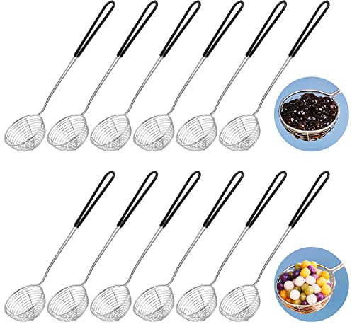 Worldity 12 Pieces Hot Pot Strainer Scoops, 3 Inch Wide Stainless Steel Frying Spoon Strainer Small, Spider Strainer with Insulated Handle for Hot Pot and Meatball