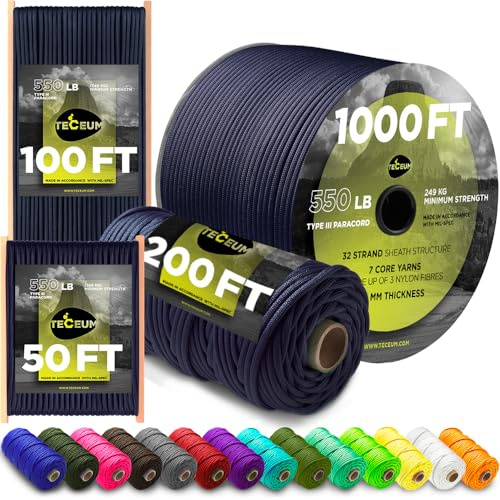 TECEUM Paracord Rope Type III 550 – Tactical MIL-SPEC – Outdoor Para Cord | Navy Blue, 30m, Clothesline, Camping Fishing Gear and Equipment, DIY, Parachute Cord 4mm, Strong Survival Utility Rope