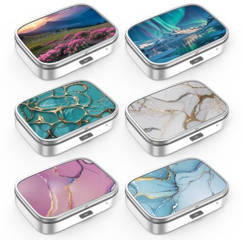Pillendose 2 Fach Medizin Pillendose, tragbare Pillendose für Tasche oder Geldbörse Pillendose Dekorativer Metall-Medizin-Vitamin-Organizer Einzigartiges Geschenk (Set-6-style2, 6 Pieces)
