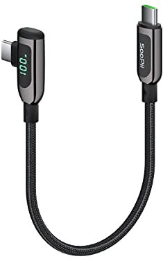 SOOPII 100W Right Angle USB C to USB C Cable,1FT Zinc Alloy Braided Type-C Cable with LED Display for lphone 15, lPad Air/Pro,MacBook Pro,Galaxy S23/S22/S10,Pixel,LG(0.3 m,black)