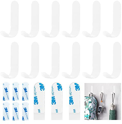 Realure 12 Pcs Stainless Steel Self Adhesive Wall Hooks - White, Extra Strong, No Nails, Stick on, Heavy Duty, Small, Sticky, for Kitchen & Bathroom