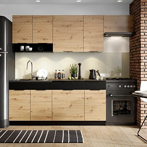 JUANIO Cocina Completa Erika 7 Elementos Color Roble Artesano/Negra con encimera incluida - Longitud 180/240 cm