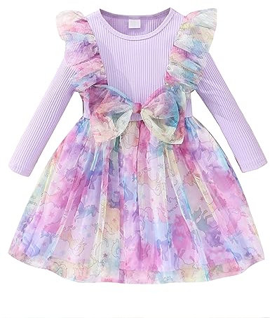 Qiraoxy Ragazze Abiti Tulle Abito Da Principessa A Coste Maniche Lunghe Volant Fiocco Tulle Tutu Abito Da Festa Bambino Ragazza Vestiti 1-6 Anni, Unicorno viola, 2-3 Anni