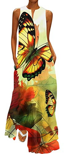 Xmiral Abito Lilla Gonna Fiori Abiti Lungo Elegante Vestito Corto Donna Elegante (XXL,9-Giallo)