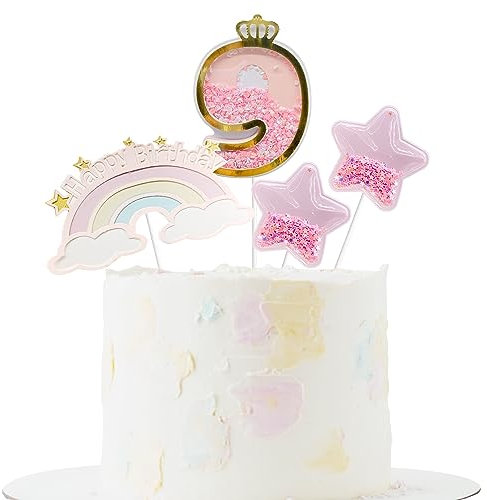 4PCS 9th Birthday Cake Toppers Rainbow Little Stars for Birthday Party Wedding Anniversary Baby Shower Decoration (pink)