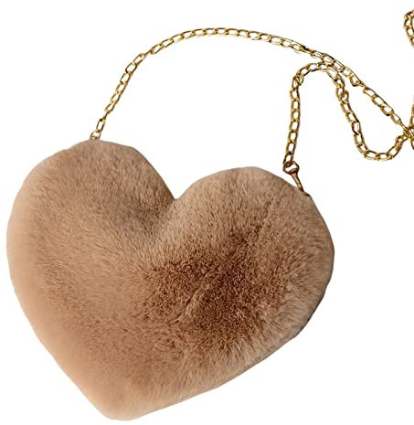 Damen Handtasche Herz - Umhängetasche Klein Plüsch, Kunstfell, Süße Heart Bag, Clutch Geldbörse für Cocktail, Outdoor, Karneval, Reisen, Alltag, Festival, Geschenk - Khaki