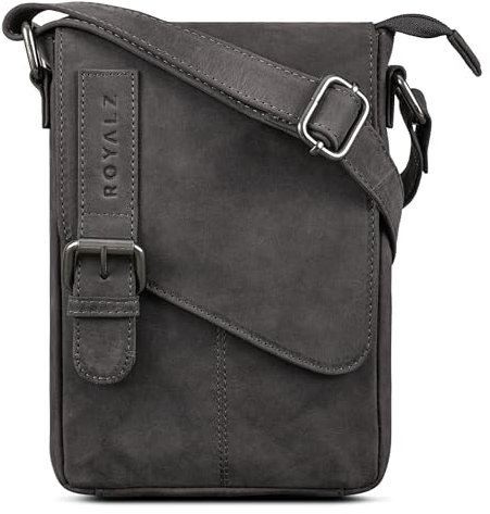 ROYALZ 'Louisiana' Leder Umhängetasche Klein für Männer Herren Ledertasche Mini Seitentasche Vintage Look Tasche zum Umhängen, Farbe:Navy Grau