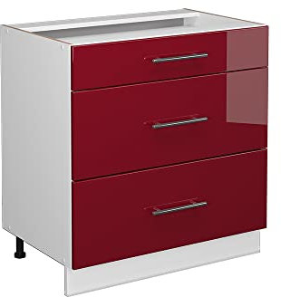 Vicco Armario de baño Fame-Line, Rojo Burdeos Alto Brillo/Blanco, 80 x 81.6 cm con 3 cajones, sin encimera