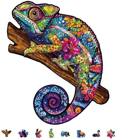 GLOBLELAND 200 Stück Chamäleon Holzpuzzle Für Erwachsene, 33.5x27.7 cm/13.2x10.9 Zoll, Holzpuzzle Für Erwachsene, Einzigartig Geformte Holzpuzzles, Tier Bunte Puzzles Für Geburtstagsgeschenke