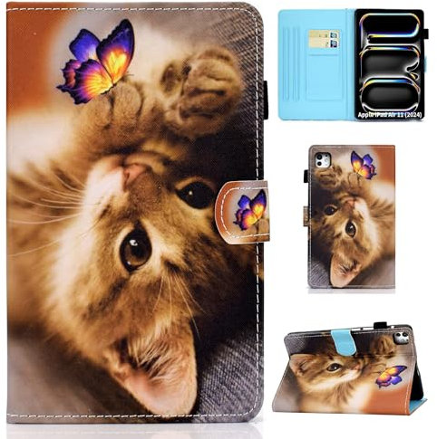 Auslbin Custodia Per Apple iPad Pro 11 (2024)/ iPad Pro (5th generation)/ A2837, in pelle PU di alta qualità con funzione automatica Sleep/Wake, colorata per iPad Pro 11, Farfalla e gatto